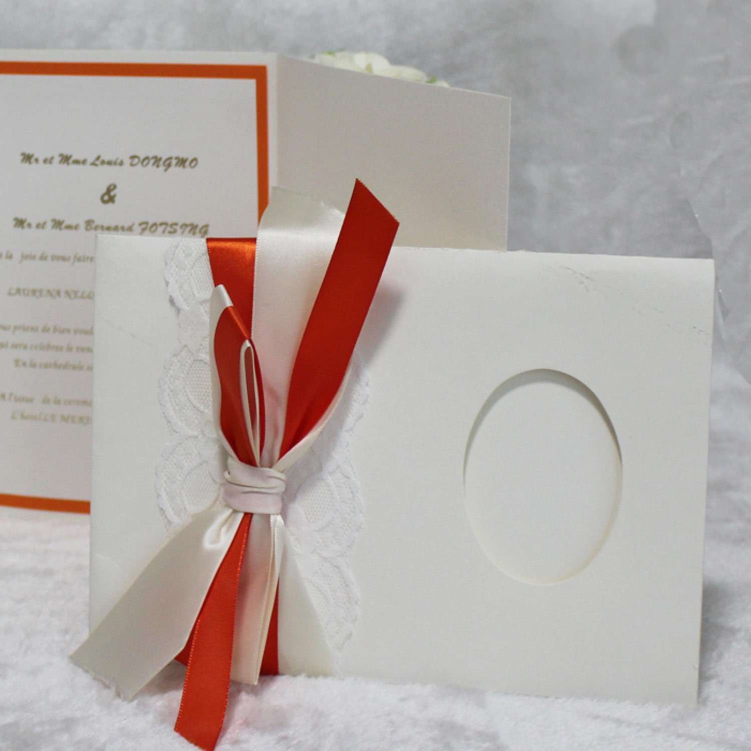Trifold Wedding Invitation Card with Ribbon Bow Greeting Card with Lace Decoration 